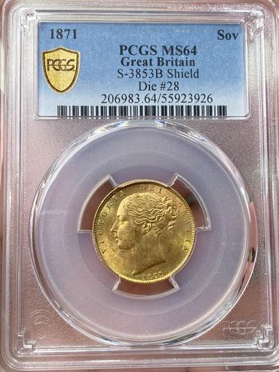 万国钱币拍卖第058期（万国新年大拍） - PCGS MS64 1871英国本土维多利亚青年头像盾徽索维林金币 高分越来越贵的品种 强烈的黄金转光和深峻的打制呈现出了这枚近BU质感索维林金币 顶级收藏品质 7.99g 917金
