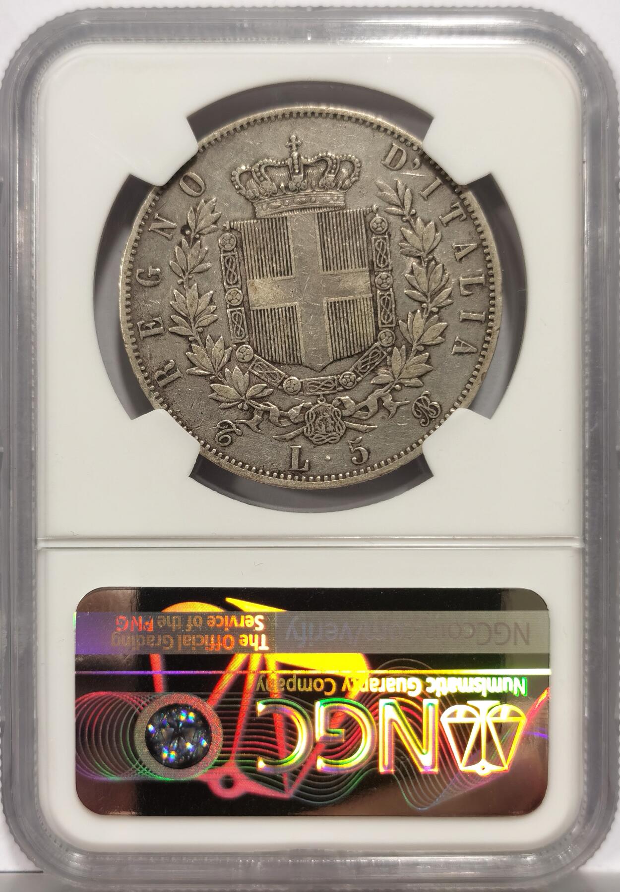 博洋堂世界钱币拍卖第153期（全场包邮） NGC XFD 意大利1865年伊曼纽尔二世5里拉大银币（非后期普通年份 发行量仅40万，克书XF状态480美金）