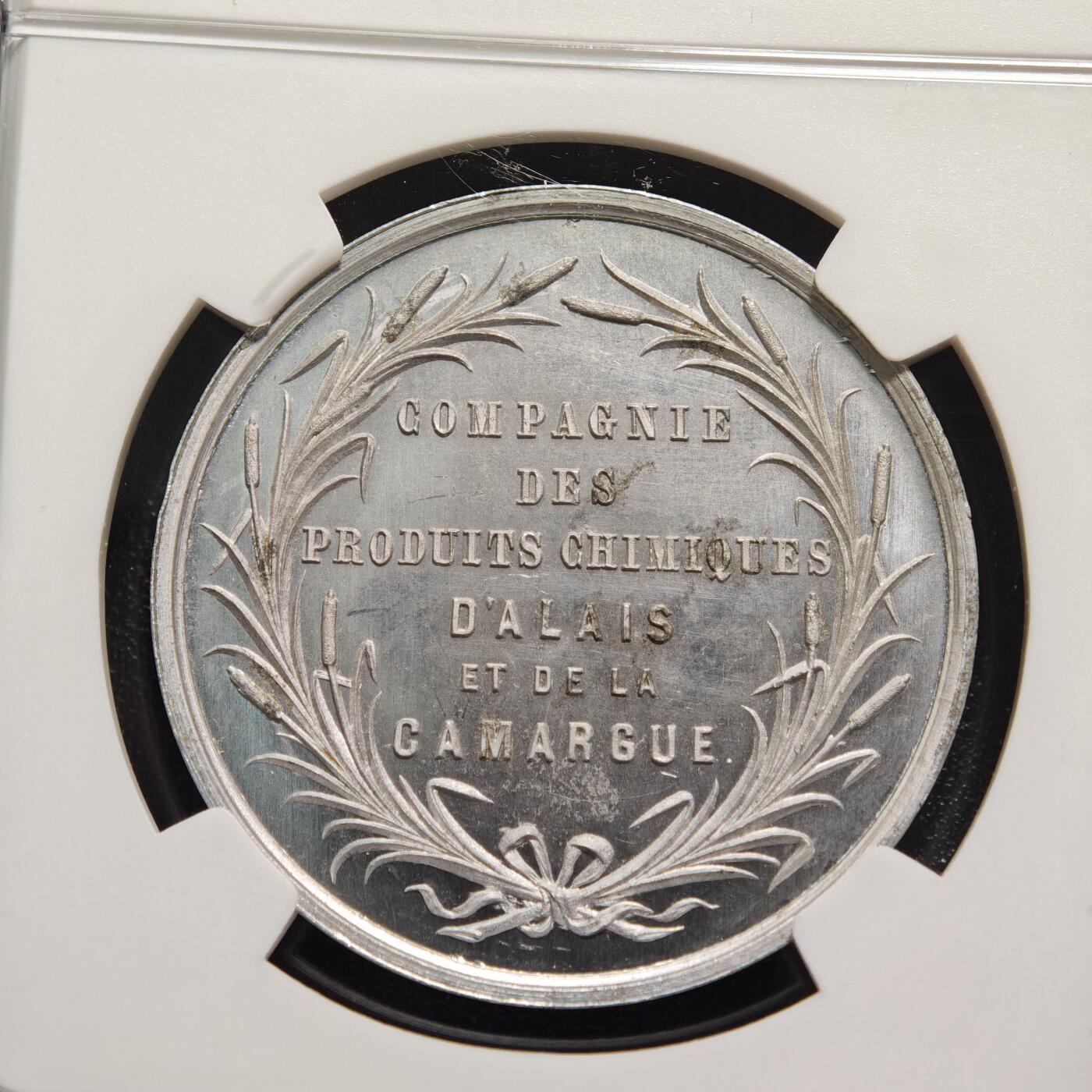 【德藏】世界币章拍卖第158期（拍品征集中~欢迎藏友联系） 18**年 法国阿拉斯-卡马格化学产品公司（Compagnie des Produits Chimiques d'Alais et de la Camargue）纪念铝章，由巴黎铸章师斯特恩（Stern）雕刻 阿拉斯-卡马格化学产品公司是19世纪法国重要的化工企业，总部位于法国南部加尔省的阿拉斯，主营盐矿、化工原料与化肥生产，是法国南部工业发展的核心企业之一 NGC MS63