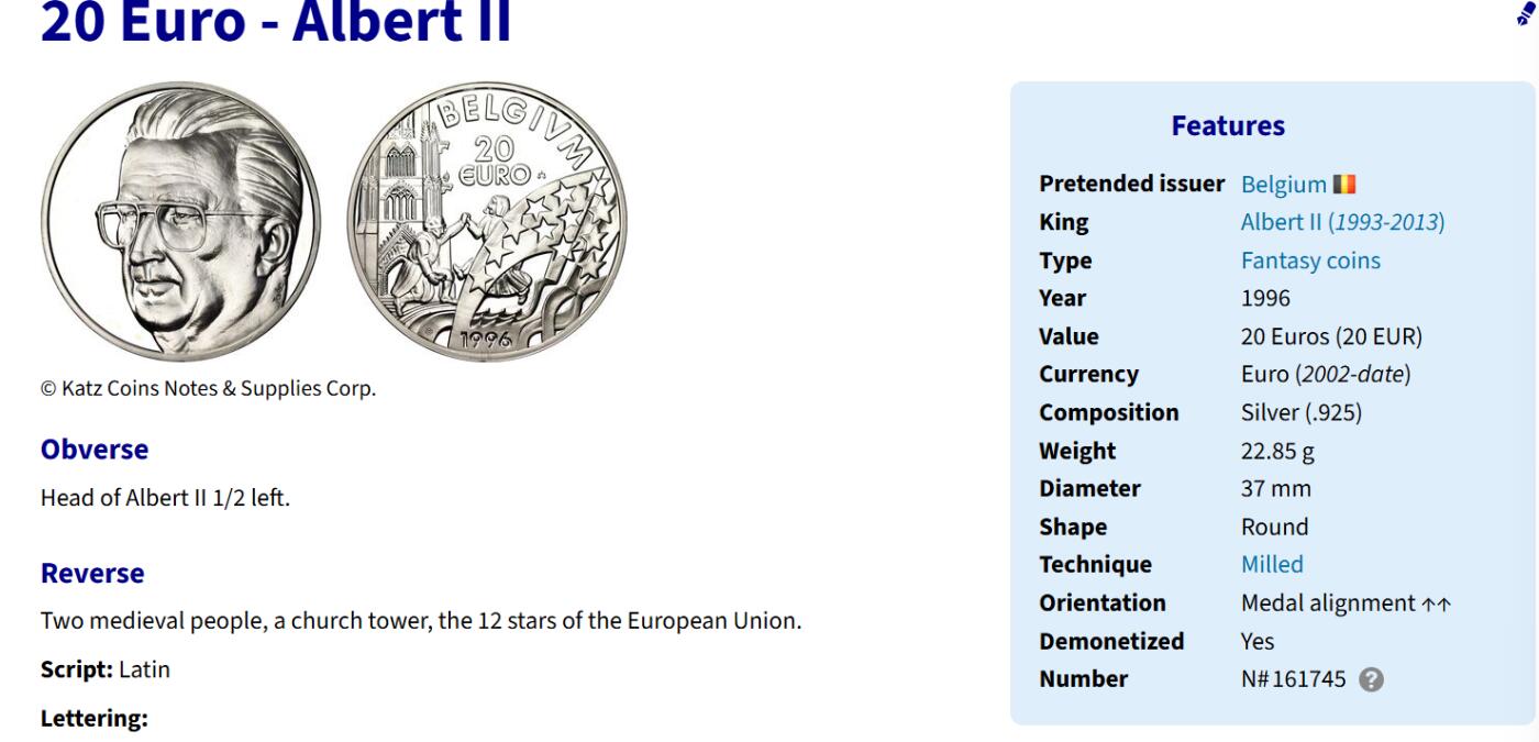 道一币馆币章第一百六十场 比利时1996年阿尔贝二世20埃居纪念银币 22.85g 925S