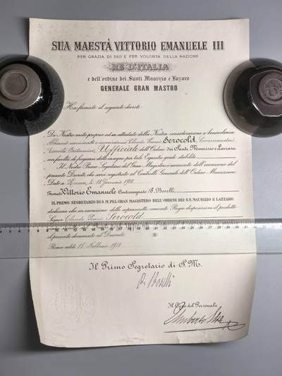 小驴勋章奖章收藏12月20日周六晚六点拍卖（珍爱和平，收藏战争，铭记历史，勿忘国耻，忠党爱国。有偿代拍，送拍规则在简介最后，参拍须阅读规则后再参拍，关系到运费包装发货时效真假辨别等关键信息，拍卖时不再发原图，看大图店主微信码在拍卖店铺介绍里） - 意大利圣莫利斯勋章证书，由首相亲签