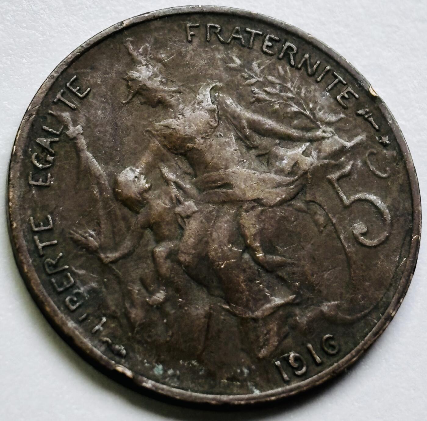 文馨钱币收藏第 286 场，圣诞节专场【 长期接收代拍品低至 0 佣金】 极美品 1916 年法兰西第三共和国 第三版本玛丽安娜女神 5 分铜币