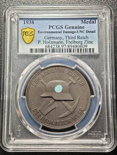 【德藏】世界币章拍卖第157期（拍品征集中~欢迎藏友联系） - 1938年 德国民族社会主义工人党劳动者荣誉纪念锌章 PCGS UNC 品相极好（原图请查询PCGS评级官网）