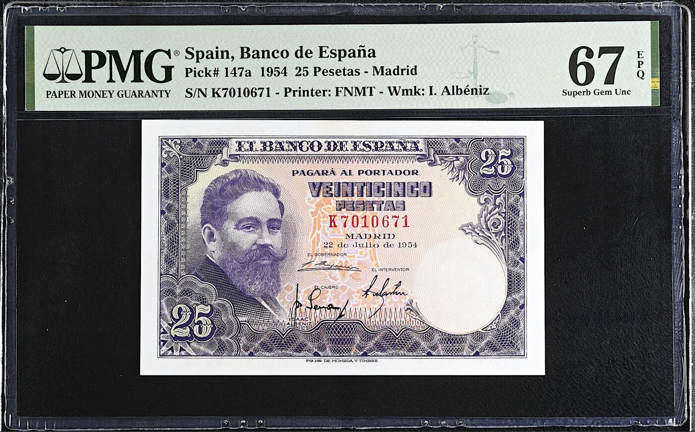 《艾美收藏》第225期-12.15周日外币精选场 西班牙25比塞塔 PMG67E 1954年 西班牙钢琴家阿尔贝尼斯 无4