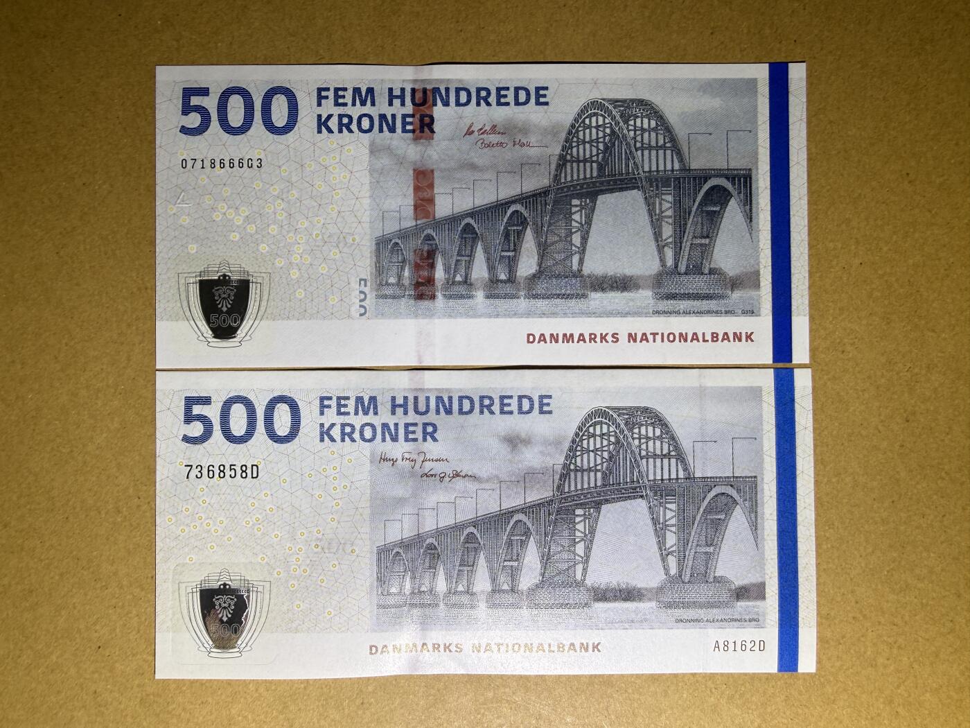 《艾美收藏》第225期-12.15周日外币精选场 丹麦500克朗2张 UNC 新版老版各1张 全程无4
