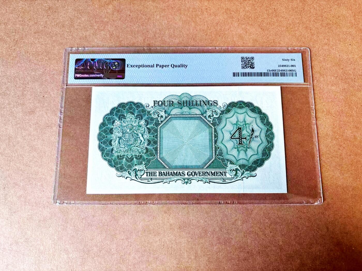 【Blue Auction】世界纸币精拍第765期——18级TOP拍卖/信誉/品质/专业/高效💫 【p13c 少见年份 远少于常见常拍的p13d 亚军分】巴哈马 1961年4先令 大冠女王 PMG66EPQ 