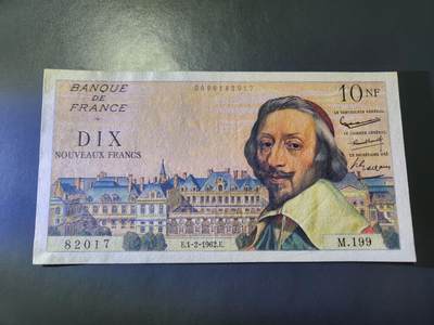 12月20号晚上8点 外国纸币自动截拍第74场 - 法国 1962年版10法郎(红衣主教 黎塞留) 极美品