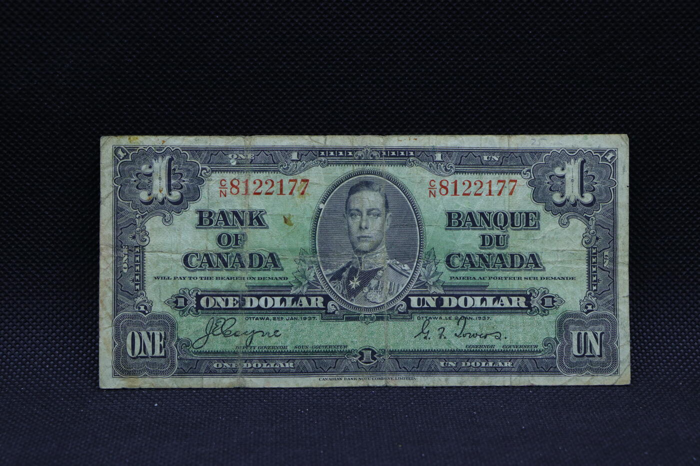 【淘币小摊】限时拍第八百三十四拍  纸币场  满百包邮可预留两周  周一统一发货   加拿大1937年乔治六世一元纸币【有折】