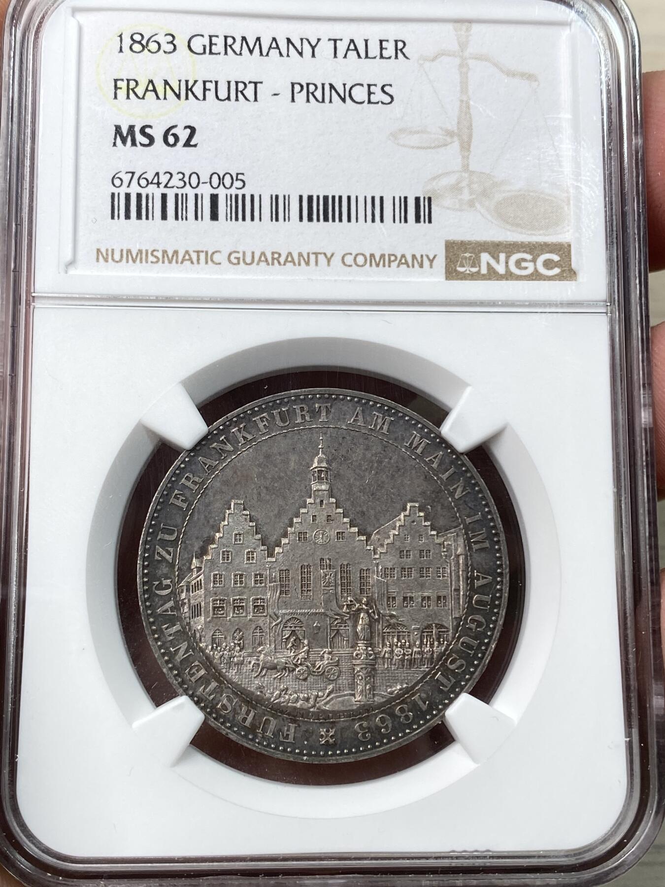 万国钱币拍卖第058期（万国新年大拍） NGC MS62 1863年德国法兰克福王子会议泰勒 法兰克福名品之一 原味淡彩状态舒服