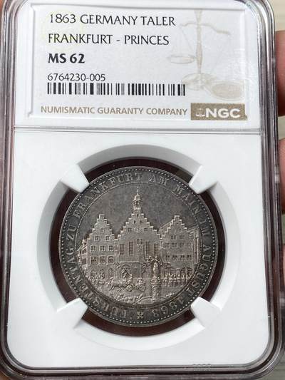 万国钱币拍卖第058期（万国新年大拍） - NGC MS62 1863年德国法兰克福王子会议泰勒 法兰克福名品之一 原味淡彩状态舒服