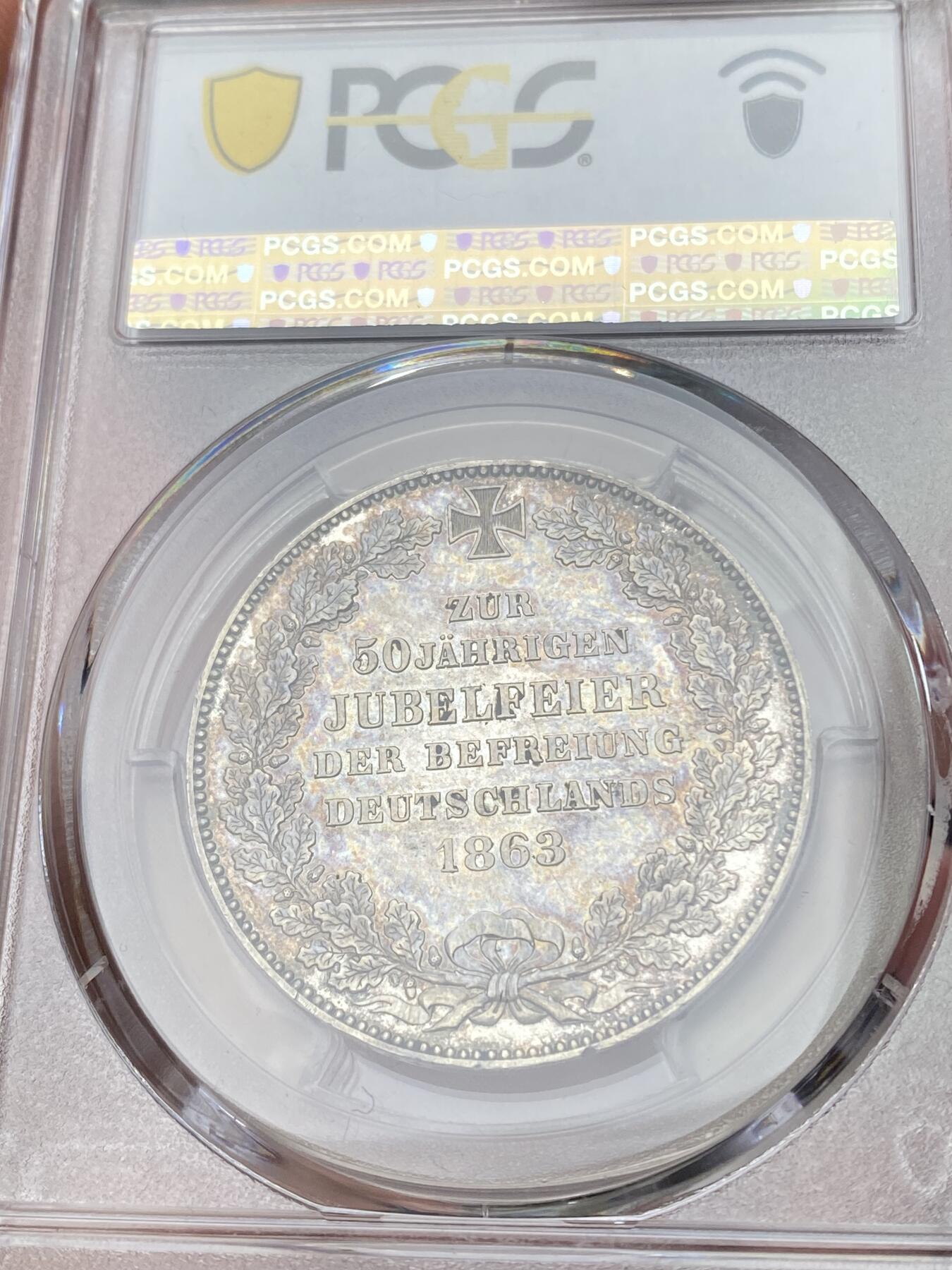 万国钱币拍卖第058期（万国新年大拍） PCGS MS63 1863年德国不莱梅解放五十周年纪念泰勒 不莱梅三款双狮联合泰勒中发行量最少的一款 仅铸造2W枚且进入流通 好品难寻 五彩类镜面质感
