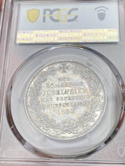 万国钱币拍卖第058期（万国新年大拍） PCGS MS63 1863年德国不莱梅解放五十周年纪念泰勒 不莱梅三款双狮联合泰勒中发行量最少的一款 仅铸造2W枚且进入流通 好品难寻 五彩类镜面质感