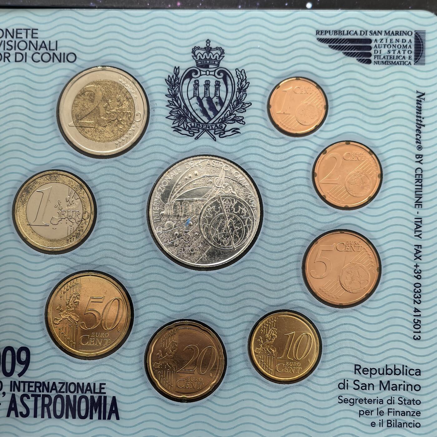 道一币馆币章第一百六十场 圣马力诺2009年天文学国际年官方纪念套币含天文学国际年5欧元纪念银币