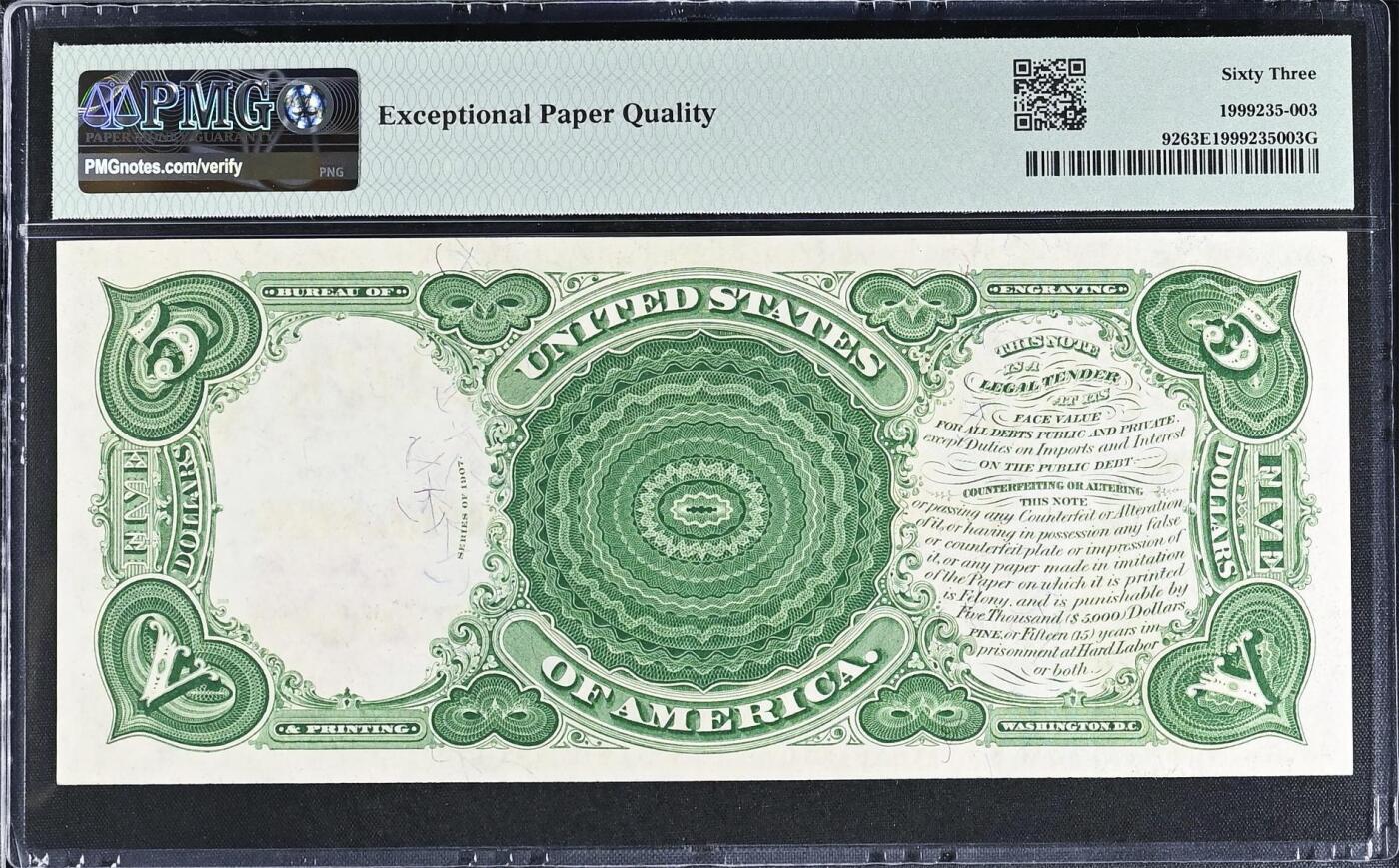 【Blue Auction】世界纸币精拍第765期——18级TOP拍卖/信誉/品质/专业/高效💫 【Fr.92少见Woods-White组合末签 该品种最后一个fr 评级量远少于常见的Fr.91仅占4%】美国 1907年5美金 经典伐木工 杰克逊 背绿 PMG63EPQ