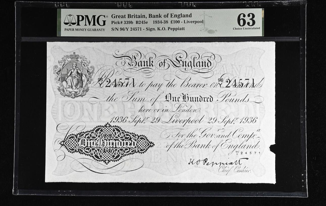 【Blue Auction】世界纸币精拍第765期——18级TOP拍卖/信誉/品质/专业/高效💫 【战时高值好品实属罕有】英格兰银行1936年100英镑 超大票幅 PMG63 利物浦分行 （由于当时英格兰银行的总行位于伦敦，所以白镑上书写的发行地点也是伦敦居多，而像利物浦、曼彻斯特、利兹等城市的英格兰银行当地分行发行的纸币就较为稀有，如此高分是一张不可多得的藏品。纸币上缺口是当时印刷时为了方便识别出厂就自带的） 