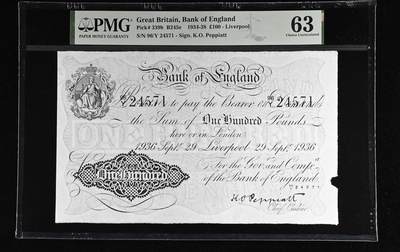 【Blue Auction】世界纸币精拍第765期——18级TOP拍卖/信誉/品质/专业/高效💫 - 【战时高值好品实属罕有】英格兰银行1936年100英镑 超大票幅 PMG63 利物浦分行 （由于当时英格兰银行的总行位于伦敦，所以白镑上书写的发行地点也是伦敦居多，而像利物浦、曼彻斯特、利兹等城市的英格兰银行当地分行发行的纸币就较为稀有，如此高分是一张不可多得的藏品。纸币上缺口是当时印刷时为了方便识别出厂就自带的） 