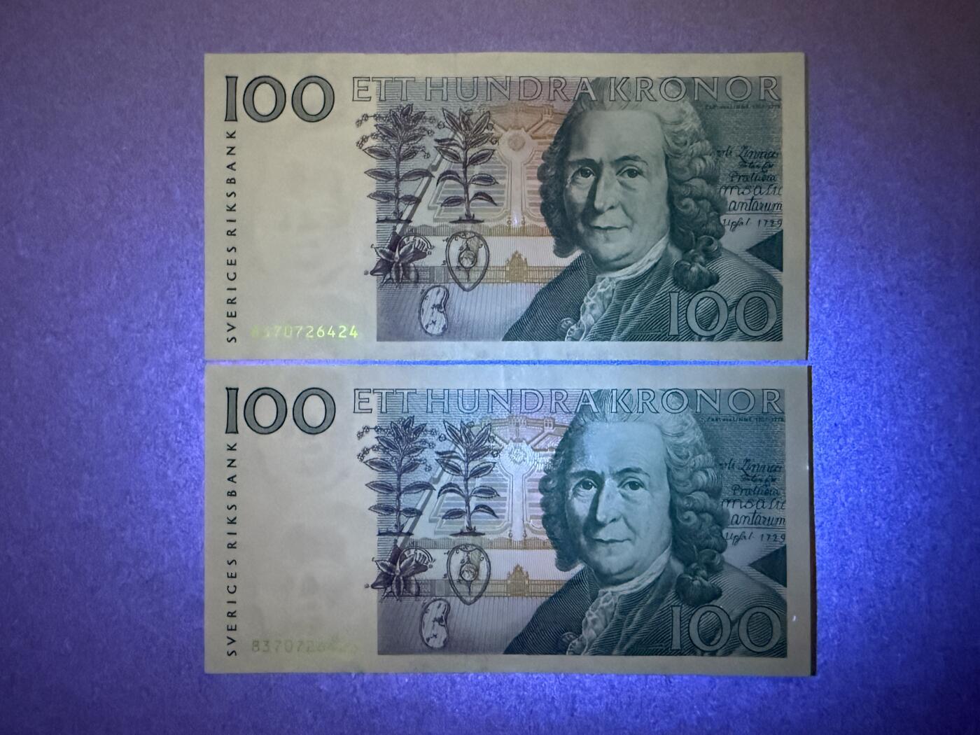《艾美收藏》第225期-12.15周日外币精选场 瑞典100克朗2张 AU 1998年 初版林奈