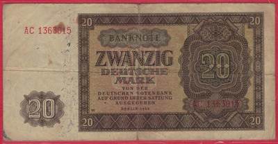 德国(东德 民主德国)1948年20马克 P-13b 七位号码 无47 品相如图 - 德国(东德 民主德国)1948年20马克 P-13b 七位号码 无47 品相如图