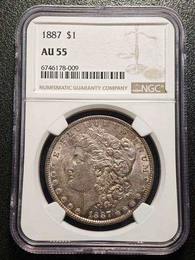 【德藏】世界币章拍卖第158期（拍品征集中~欢迎藏友联系） - 1887年 美国摩根银币 NGC AU55 边缘五彩包浆 颜色艳丽