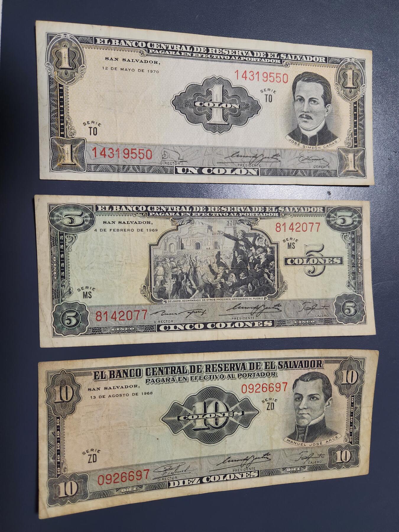 12月21号晚上8点 外国纸币自动截拍第75场 萨尔瓦多1968-70年1-5-10科朗纸币 第一版，稀少