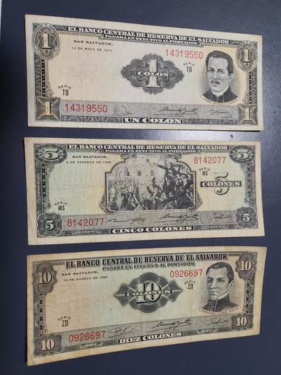 12月21号晚上8点 外国纸币自动截拍第75场 - 萨尔瓦多1968-70年1-5-10科朗纸币 第一版，稀少