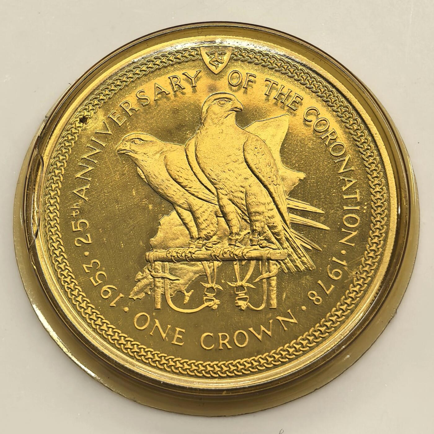 博洋堂世界钱币拍卖第153期（全场包邮） 马恩岛1978年纪念伊丽莎白二世登基25周年1克朗精制银币，1盎司975银，带原盒证