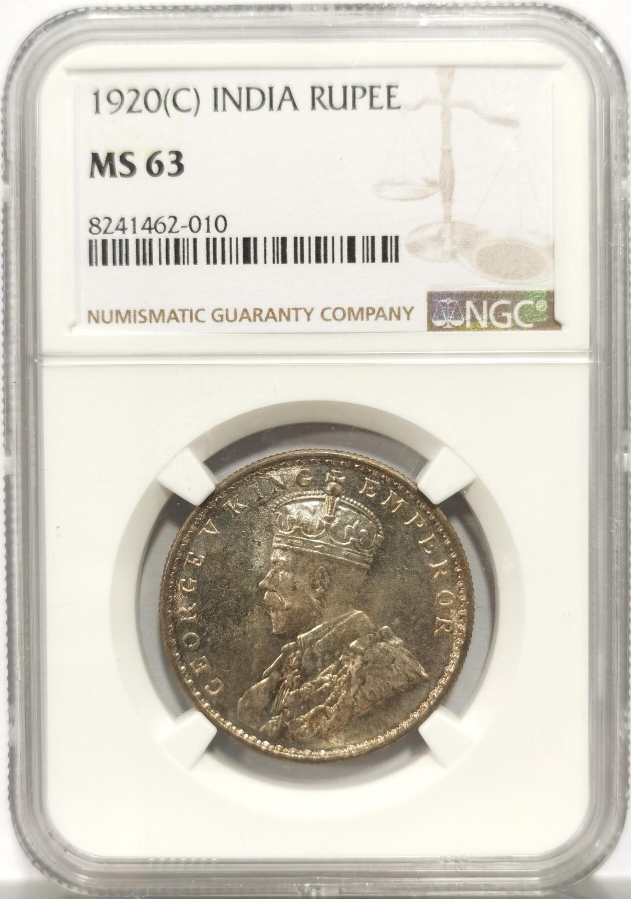 博洋堂世界钱币拍卖第153期（全场包邮） NGC MS63 英属印度1920年C版乔治五世1卢比银币