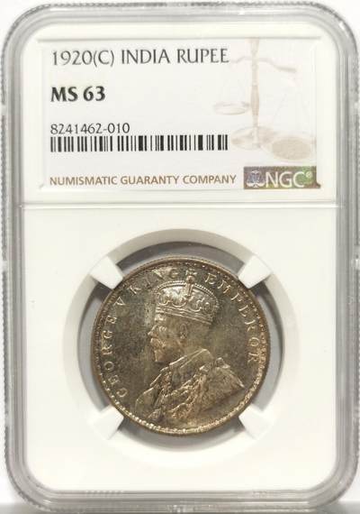 博洋堂世界钱币拍卖第153期（全场包邮） - NGC MS63 英属印度1920年C版乔治五世1卢比银币