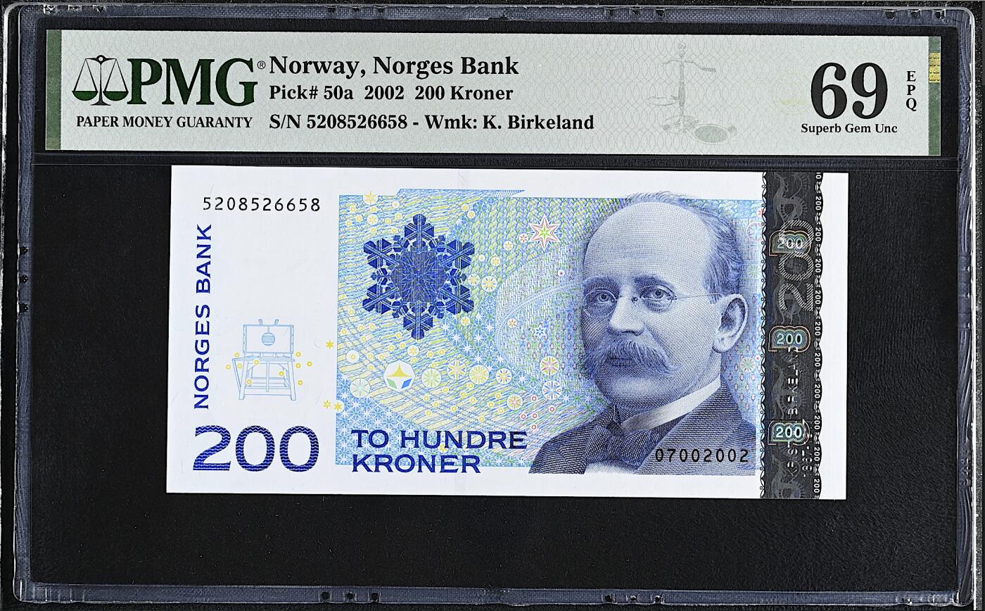 《艾美收藏》第225期-12.15周日外币精选场 挪威200克朗 PMG69E 2002年首发年a版 无347尾8 唯一冠军分