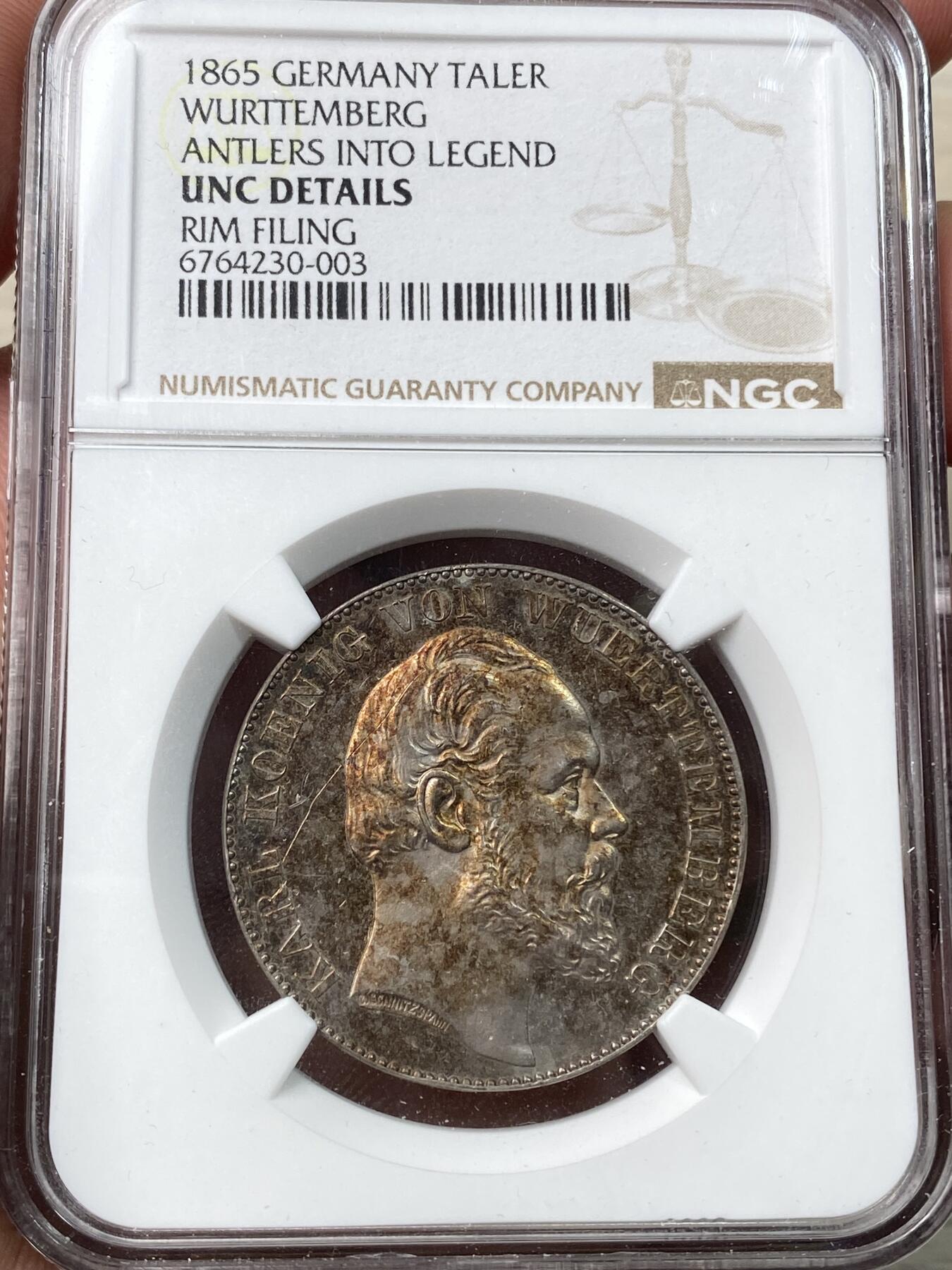 万国钱币拍卖第058期（万国新年大拍） NGC UNCD 1865年德国符腾堡狮鹿护盾流通泰勒 联合泰勒难点之一 双面玫瑰红彩高点上乘