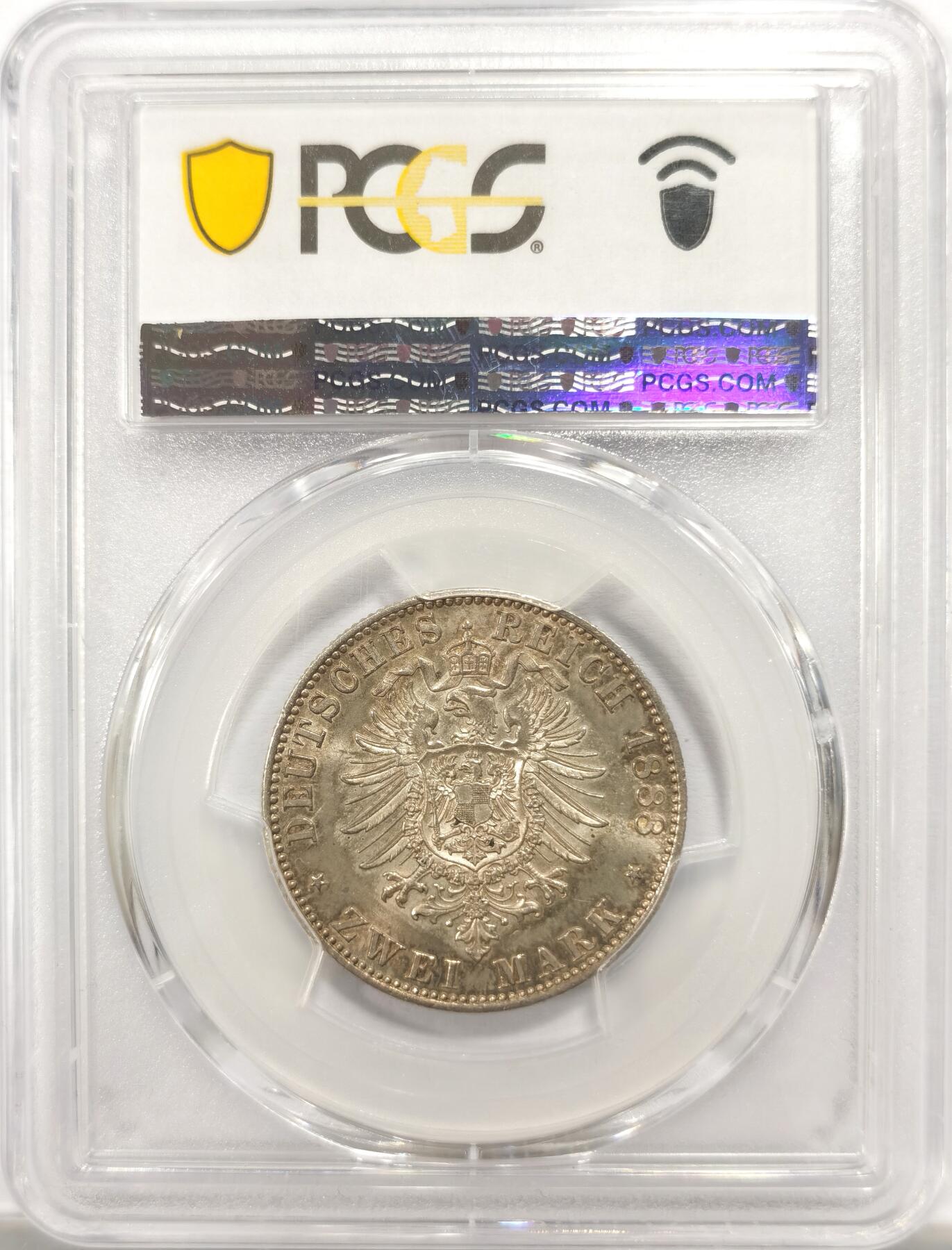 博洋堂世界钱币拍卖第153期（全场包邮） PCGS MS64 德国普鲁士1888年威廉二世短翅鹰流通2马克，名誉品，越来越少的高分！