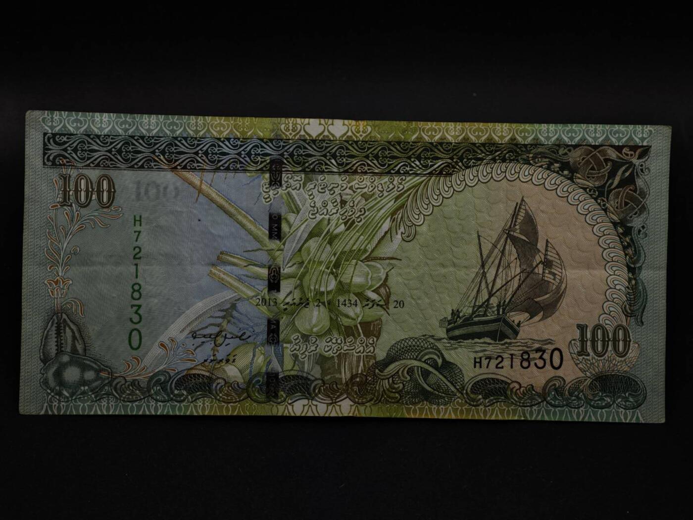 【淘币小摊】限时拍第八百三十四拍  纸币场  满百包邮可预留两周  周一统一发货  马尔代夫2013年100拉菲亚纸币【有折】