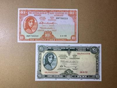 《艾美收藏》第225期-12.15周日外币精选场 - 爱尔兰10先令、1镑2张 UNC A序列 全部无4尾8