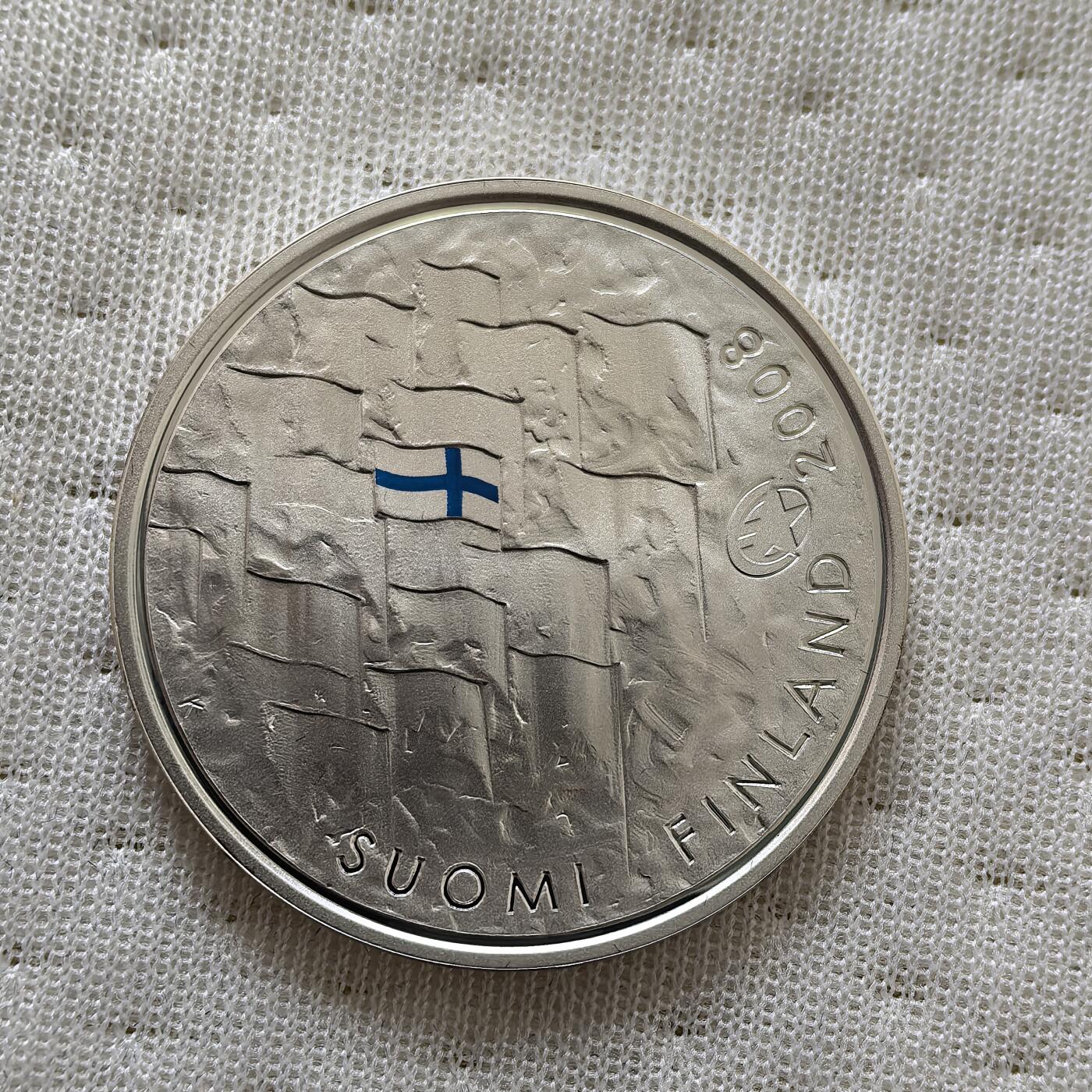 道一币馆币章第一百六十场 欧洲之星 芬兰2008年国旗使用90周年10欧元精制银币 25.5g 925s 35000