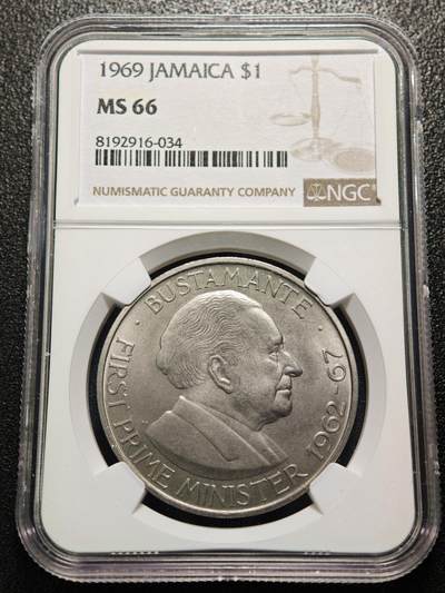 【德藏】世界币章拍卖第158期（拍品征集中~欢迎藏友联系） - 1969年 牙买加首位总理亚历山大·布斯塔曼特1元纪念镍币 NGC MS66 磨砂质感