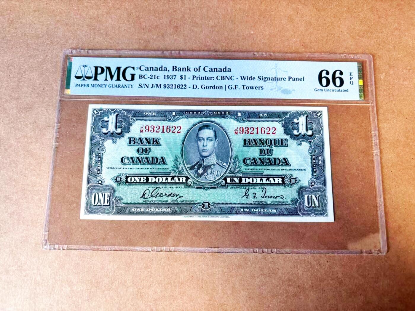 【Blue Auction】世界纸币精拍第765期——18级TOP拍卖/信誉/品质/专业/高效💫 【无47】加拿大 1937年1元 PMG66EPQ 高分 英王乔六 丰收女神
