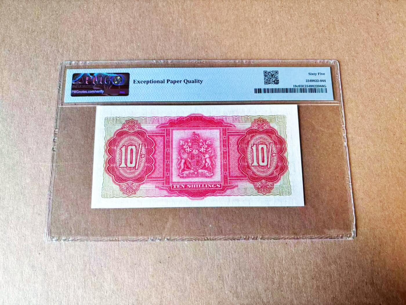 【Blue Auction】世界纸币精拍第765期——18级TOP拍卖/信誉/品质/专业/高效💫 【350小号非常罕见】百慕大 1966年10先令 BWC出品  满版水印 年轻女王侧面像 PMG65EPQ 