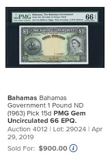 【Blue Auction】世界纸币精拍第765期——18级TOP拍卖/信誉/品质/专业/高效💫 【无47】巴哈马 1963年1镑 大冠女王 PMG66EPQ 