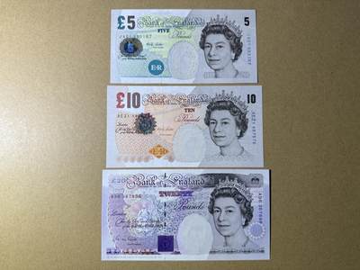 《艾美收藏》第225期-12.15周日外币精选场 - 英国5、10、20镑3张 UNC 局部轻微荧光