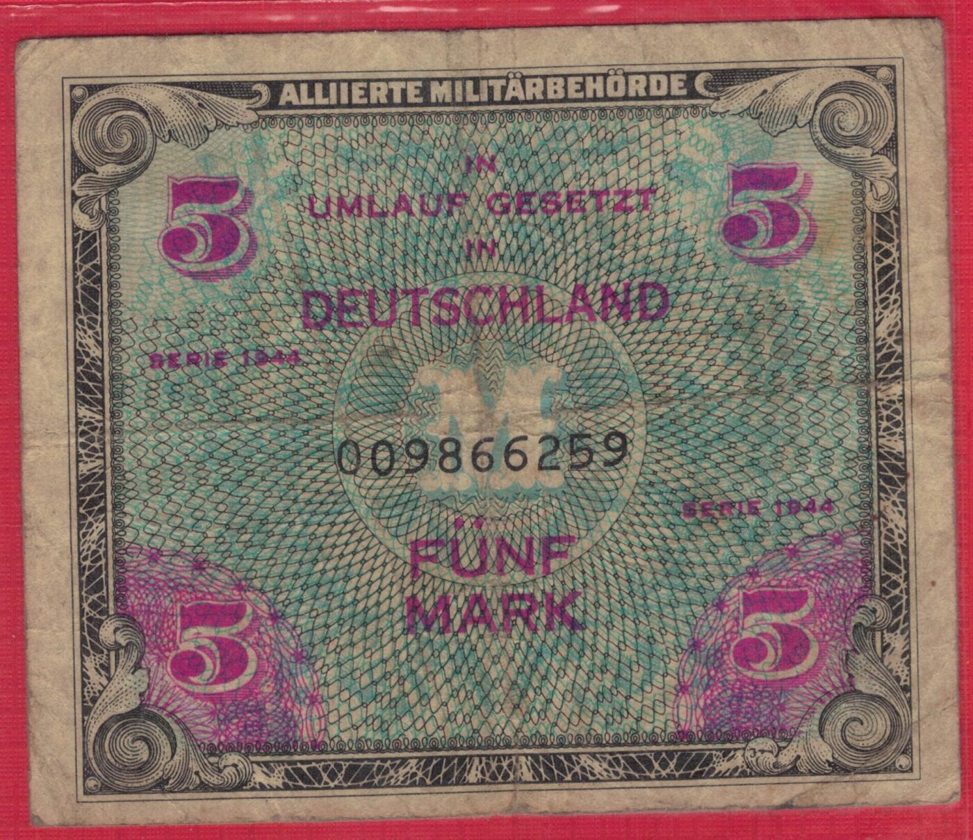 德国1944年5马克 二战盟军占领德国后发行 P-193a 9位号无47 有F标识 实物图 八五品