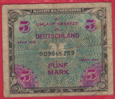 德国1944年5马克 二战盟军占领德国后发行 P-193a 9位号无47 有F标识 实物图 八五品 - 德国1944年5马克 二战盟军占领德国后发行 P-193a 9位号无47 有F标识 实物图 八五品