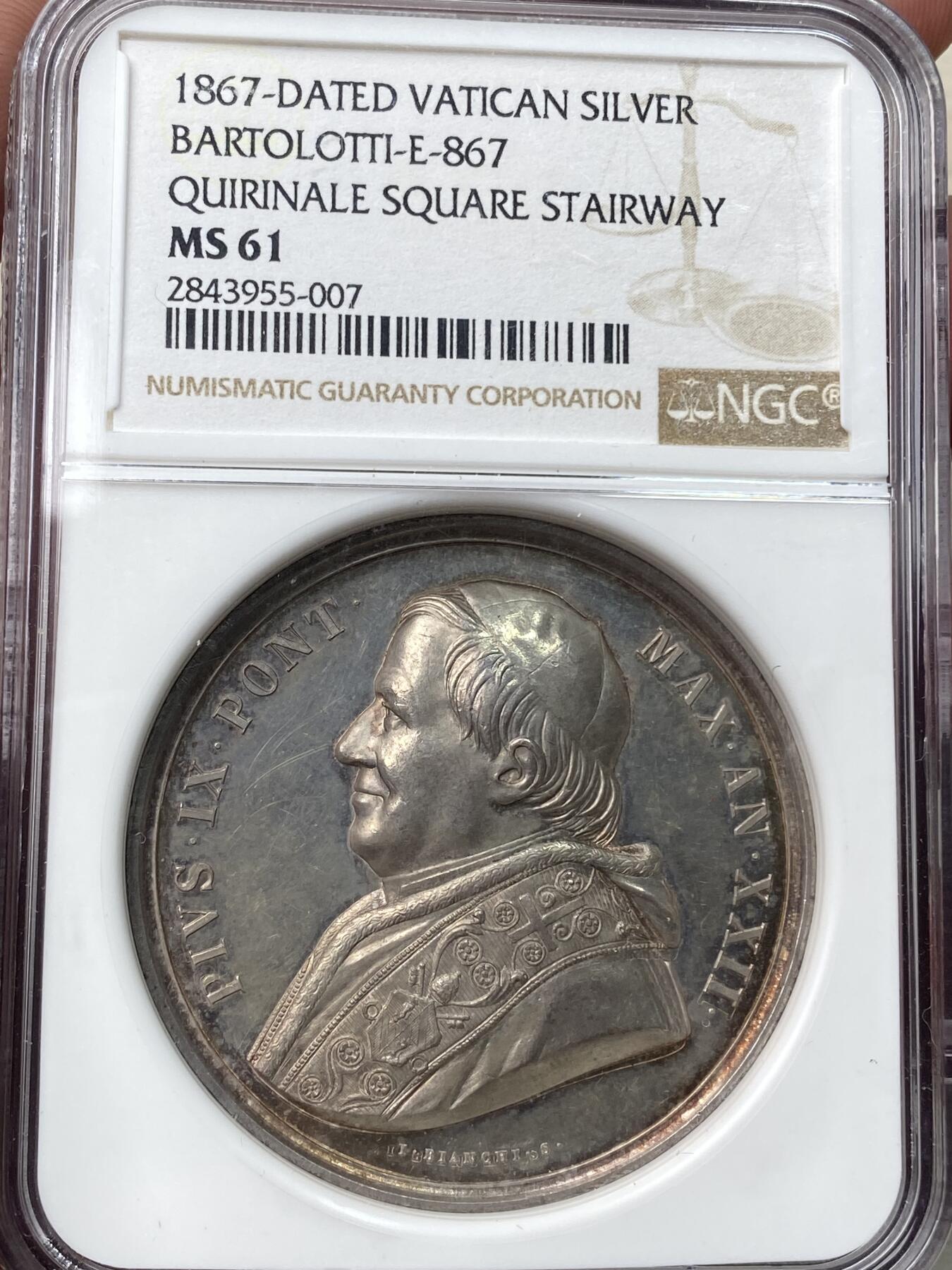 万国钱币拍卖第058期（万国新年大拍） NGC MS61 1867年梵蒂冈教皇国庇护九世纪念奎利纳雷广场修复大银章 高浮雕厚重极美奎利纳雷广场景观
