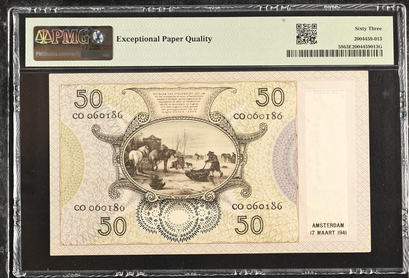 《艾美收藏》第225期-12.15周日外币精选场 荷兰1941年50盾PMG63E倒置靓号 带EPQ原票状态好 少见品种 吃牡蛎的女孩 Pick#58