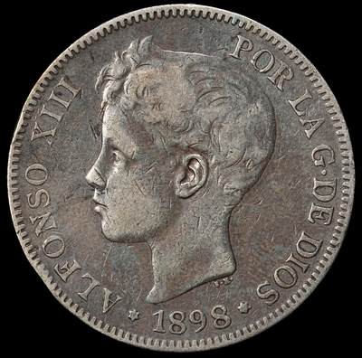 修遠堂世界钱币第九十八期 - 1898年西班牙双柱5 PESETAS大银币 24.70g，含银90%