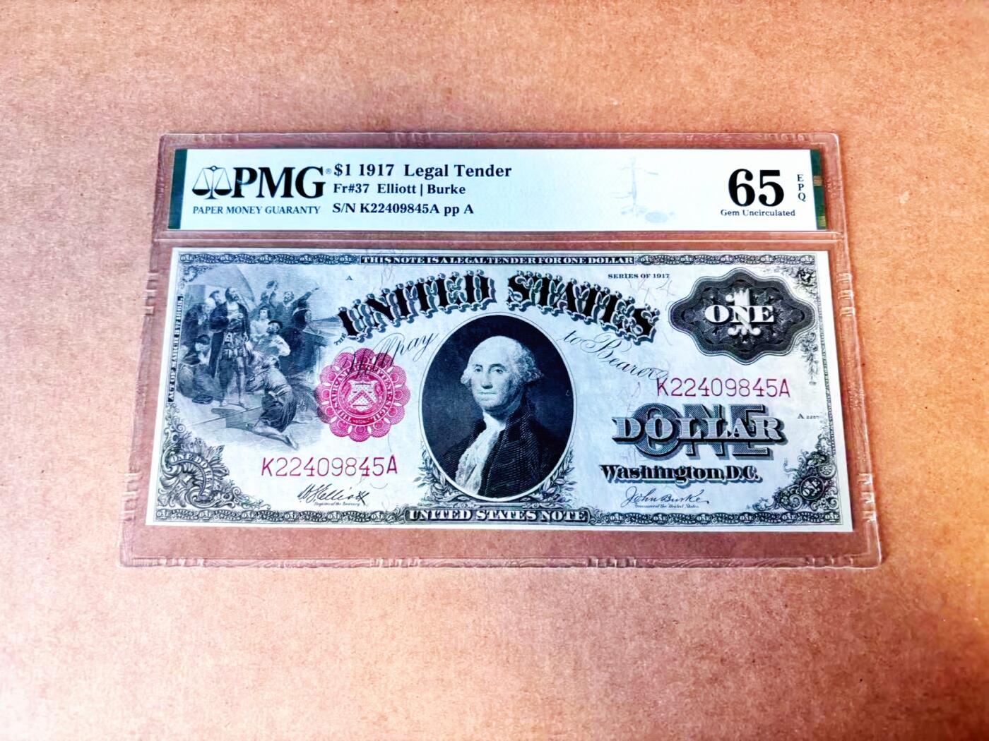 【Blue Auction】世界纸币精拍第765期——18级TOP拍卖/信誉/品质/专业/高效💫  美国 1917年1美金 PMG65EPQ 大票幅 双面雕刻精美绿钞 征服者登陆 华盛顿头像