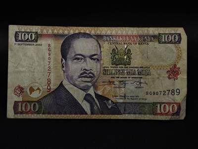【淘币小摊】限时拍第八百三十四拍  纸币场  满百包邮可预留两周  周一统一发货  - 肯尼亚2002年100先令纸币【有折】