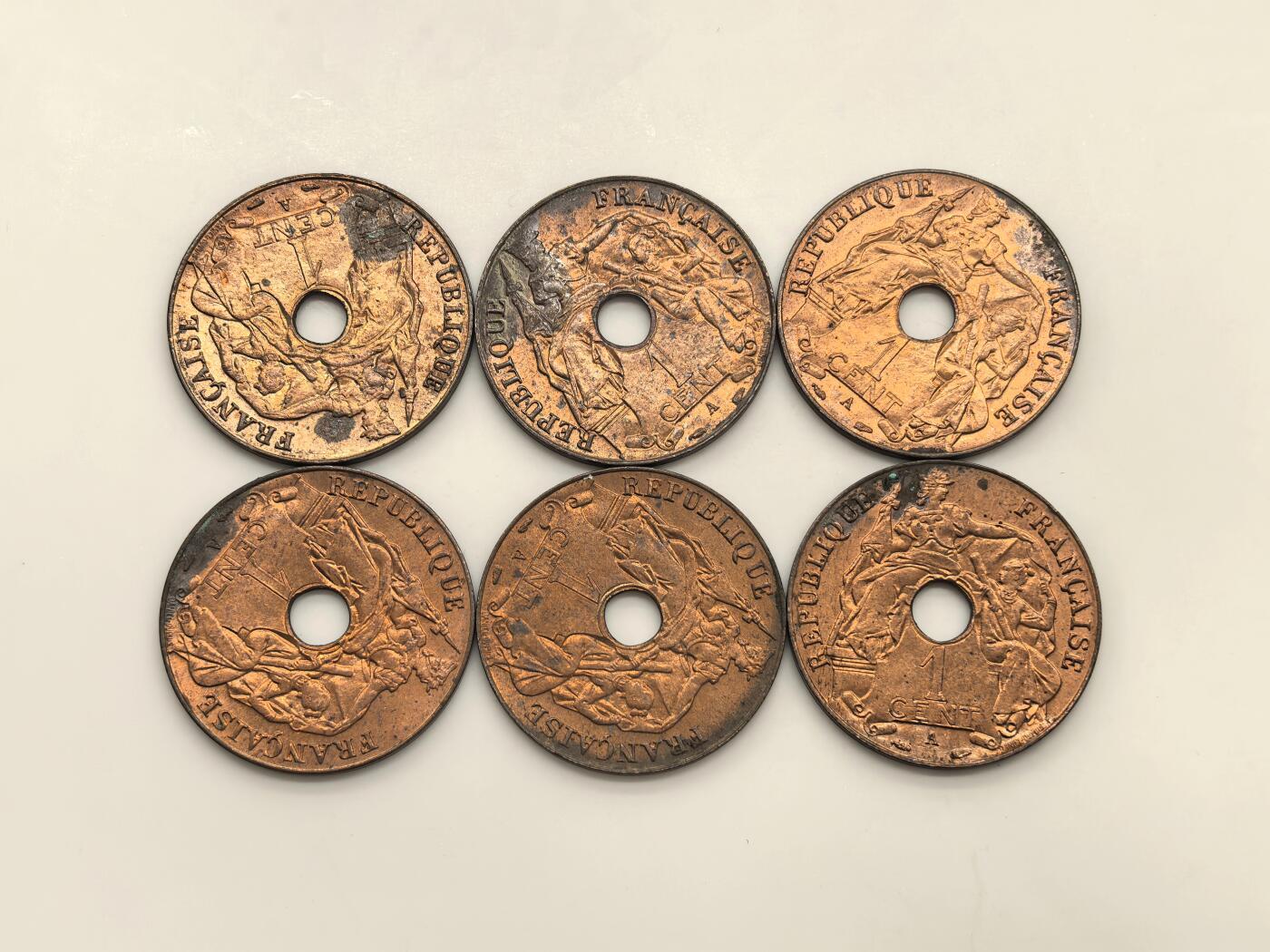 博洋堂世界钱币拍卖第153期（全场包邮） 法属印支1939年中孔百分之一铜币一组6枚，UNC状态