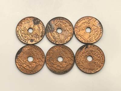 博洋堂世界钱币拍卖第153期（全场包邮） - 法属印支1939年中孔百分之一铜币一组6枚，UNC状态