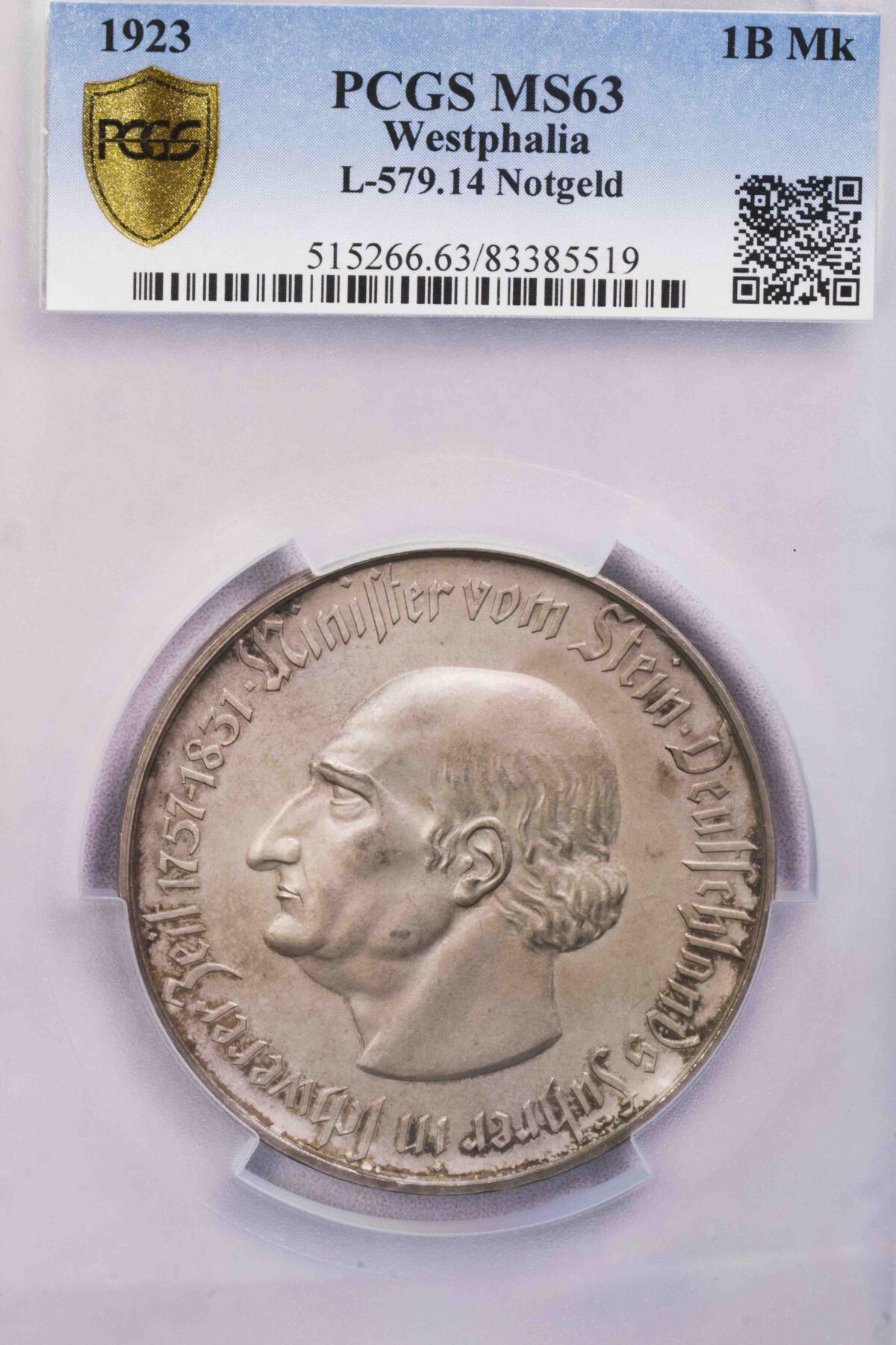 PCGS-MS63 1923德国威斯特法伦一万亿马克大马币