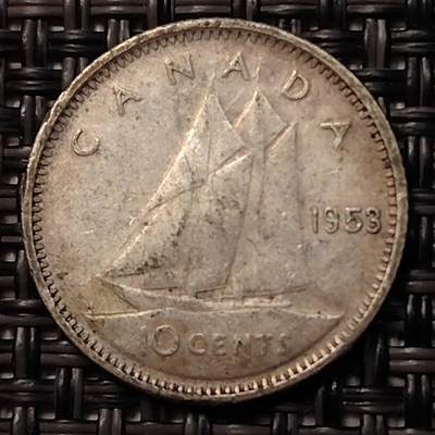 布加迪🐬～世界钱币(上海)🌾第 266 期 /  各国套币和散币 - 加拿大🇨🇦 1954年 10分银币 2.31g/18mm  800银